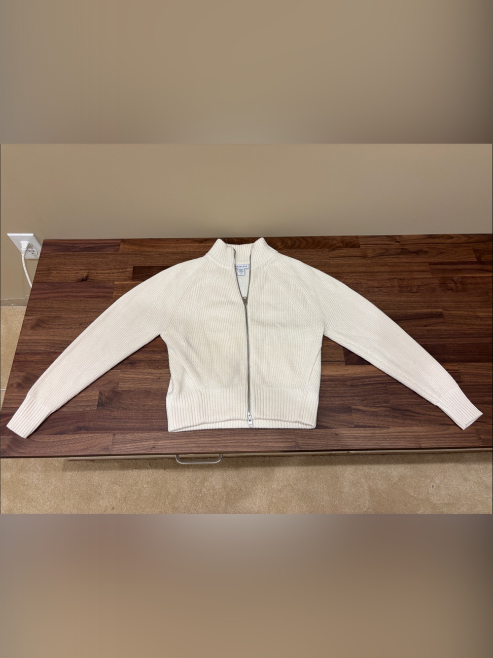 Athleta Cream Zip-Up Ribbed Knit Sweater Jacket
